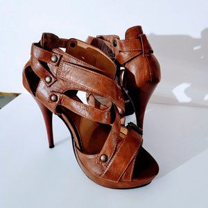 Brown Faux Leather Stilletto Heels Metal Detail